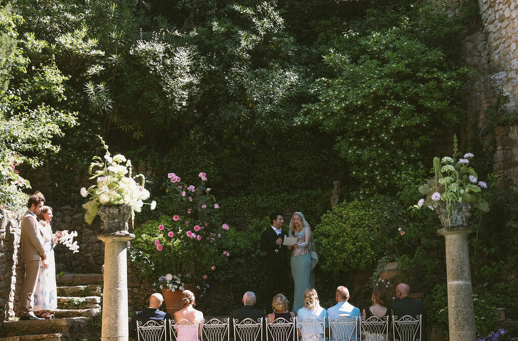 The bride wore a vintage Galliano blue gown at Saint Victor Lacoste